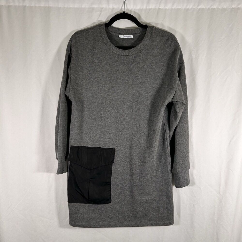 Zara Trafaluc Knee Length Dress Women's Small Grey Crew Neck Long Sleeve Pocket